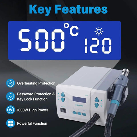 1000W Hot Air Soldering Station With Three Nozzles Auto Sleep Mode Smart Digital Display showing 500°C for precise desoldering
