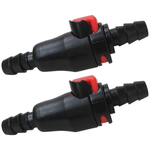 Two-Pack Hydration System Quick Disconnects For One Quarter Inch Drink Tubing showing black tubing connectors with red release clips.