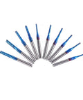 Nano Blue Coat End Mills Set For CNC Router Bits, 10 pieces arranged in arc, cutting diameters 1.5 to 3.175 mm, carbide construction.