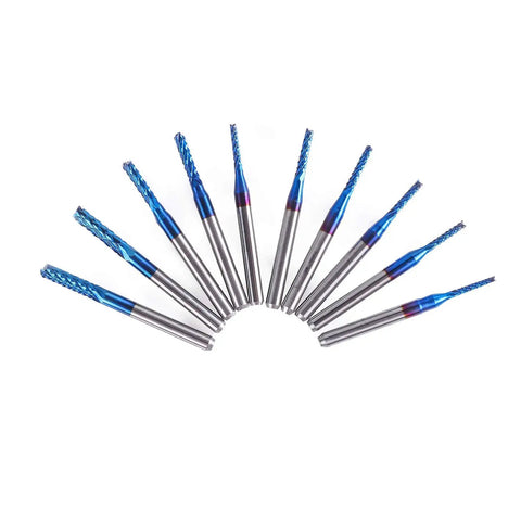 Nano Blue Coat End Mills Set For CNC Router Bits, 10 pieces arranged in arc, cutting diameters 1.5 to 3.175 mm, carbide construction.