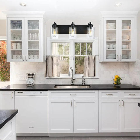 Three Light Black Vanity Light Fixtures Over Mirror With Seeded Glass Shades Industrial Wall Mount Lamps For The Bathroom Metal Bathroom Lighting Dope Modern Look installed in a kitchen