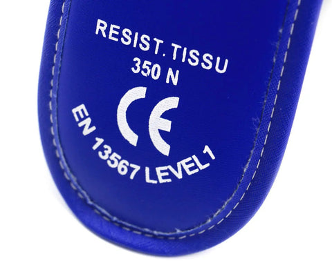 Close-up of CE 350N certification label on Fencing Foil Mask Helmet CE 350N Certified National Grade Masque, blue color.
