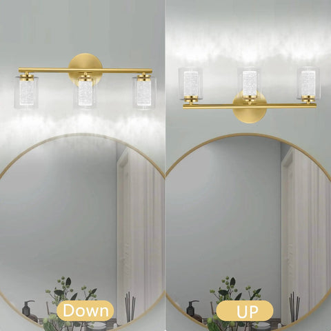 Three Light Gold LED Vanity Light With Crystal Bubble Glass For Bathroom, Modern Brushed Gold Wall Sconce Dimmable With Three Color Temperature, 18 Watts, Mid Century Vibe