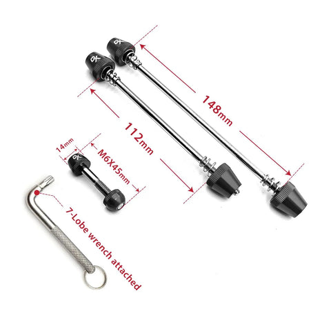 Anti Theft Bicycle Locking Skewer Set With 7 Lobe Security Key for Mountain and Road Bikes with 112mm and 148mm skewers.