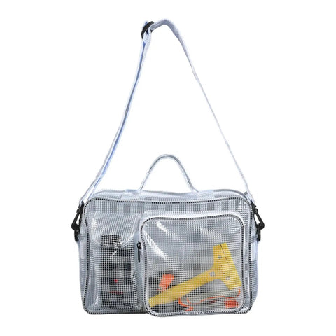Heavy Duty Clear Pvc Crossbody Bag For Engineers Keep Your Tech And Field Gear Locked Up Adjustable Shoulder Strap Cold Resistant Anti Static Sling Roll With Your Daily Rig displaying tools.