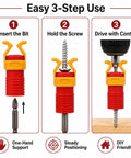 One Hand Drill Bit Guide Compact Screw Holder Clip For Precise Alignment Portable DIY Woodworking Assistant showing 3-step use steps.