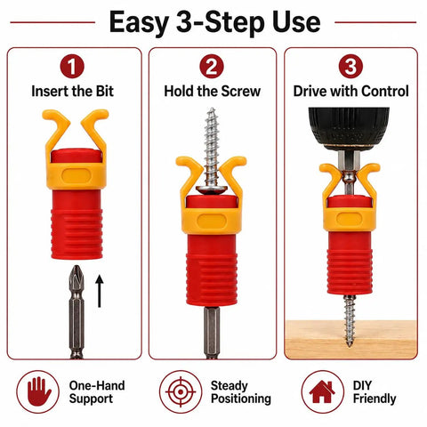 One Hand Drill Bit Guide Compact Screw Holder Clip For Precise Alignment Portable DIY Woodworking Assistant showing 3-step use steps.