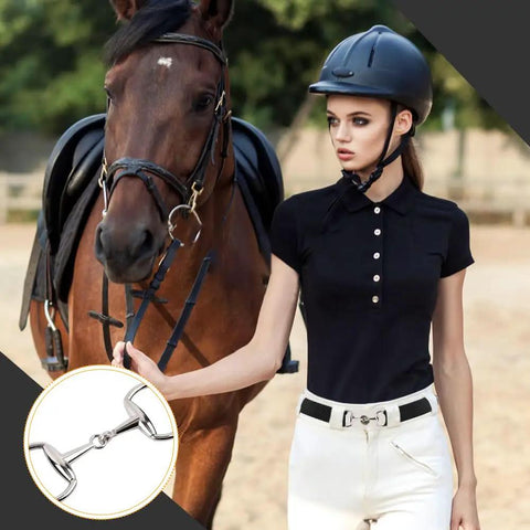 Woman wearing 1.5 Inch Elastic Equestrian Belt With Bit Buckle And Leather Key Strap For Horse Riding Enthusiasts next to horse.