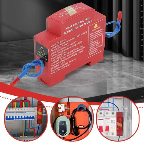 Dead Simple Automatic Fire Extinguisher With Dual Nozzles And Heat Aerosol Suppression Kicks In At 170 Degrees C Din Rail Mounts Snugly Inside Electrical Cabinets EV Charging Stations 20 Gram Pack on a dark surface, showing details.
