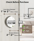 Installation guide for fingerprint door lock with keyless entry keypad showing measurements for proper fit.