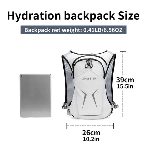 Lightweight Hydration Backpack For Running And Hiking With 1.5L Water Reservoir, size comparison next to a tablet, white color.