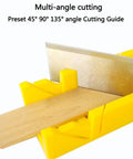 Pro Grade Miter Box And Saw Set For Wood And Gypsum with preset 45 and 90 degree cuts showing blade and cutting guide