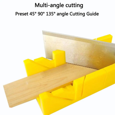 Pro Grade Miter Box And Saw Set For Wood And Gypsum with preset 45 and 90 degree cuts showing blade and cutting guide
