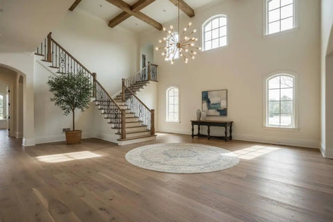 Pro Level Reactive Water Based Interior Wood Stain Delivers A Legit Gray Brown Weathered Patina On Beams Walls And Furniture Zero Voc Formula For Smooth Application Heavy Duty 55 Gallon Drum Ready applied on a staircase and hardwood floor.