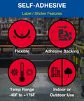 Infographic on self-adhesive label features highlighting flexibility, adhesive backing, -40F to +176F temp range, indoor/outdoor use.