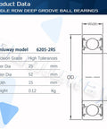 Product data for 6205 2RS deep groove bearings with dimensions 25x52x15mm, high tolerance precision grade, and weight 0.12 kg.