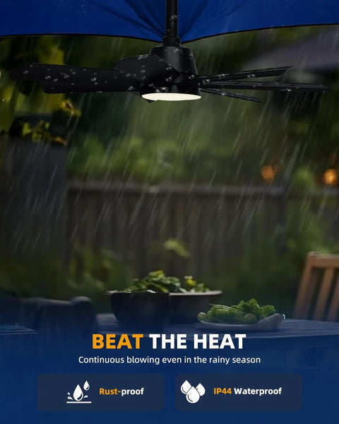 28 Inch Plug In Outdoor Ceiling Fan With Lights And Remote hanging under a wet patio with rain, LED light visible, black color, IP65 waterproof.