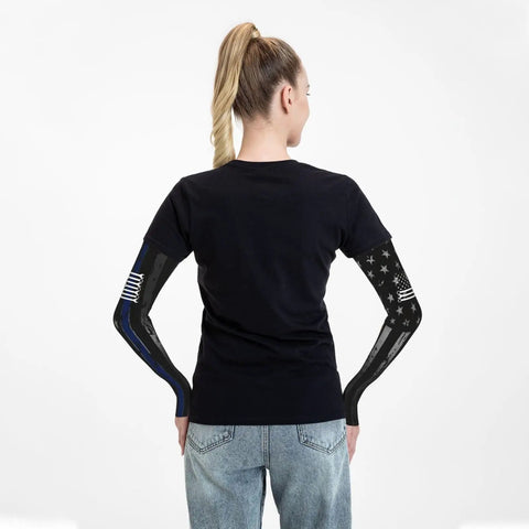 Cooling Arm Sleeves Feature American Flag Print And Next Level UV Sun Protection Crafted From Breezy Ice Silk that fits snugly on forearms.