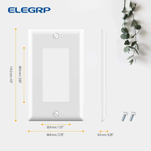 Durable No-Fuss Decorative Receptacle Wall Plate 1-Gang Standard Size Decorator Covers Unbreakable Polycarbonate Faceplates For Decorator Devices UL Listed Screws Included Glossy White 10 Pack with dimensions and screws