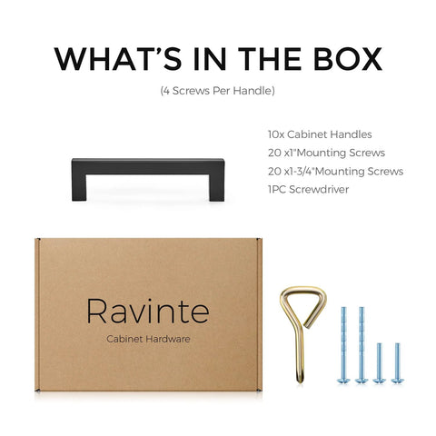 Square Bar Cabinet Handles Matte Black Set Of 10 With 5 Inch Hole Center and screws, screwdriver, box packaging