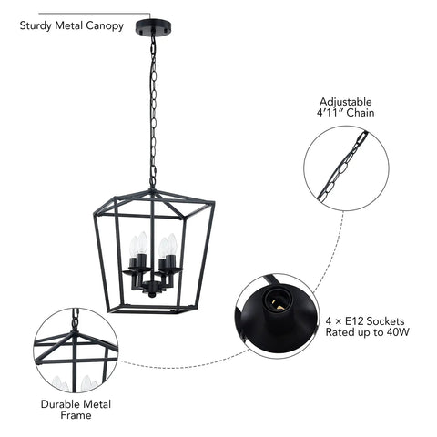 4 Light Farmhouse Lantern Chandelier In Matte Black With Adjustable Chain Rustic Geometric Pendant Light Fixture For Dining Room