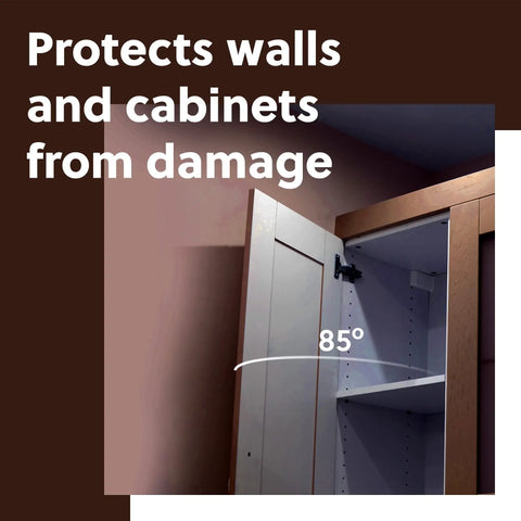 Cabinet Restrictor Clips For Grass TEC 864 Hinges shown on a cabinet door open at 85 degrees, protecting walls.