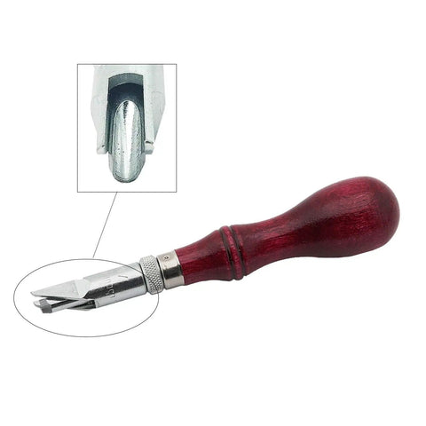 Adjustable U Gouge Leather Groover Tool With Depth Guard shown with close-up of U-shaped blade and wooden handle detail