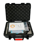 Heavy Duty Digital Surface Roughness Tester Featuring Rapid Charge Display For 14 Parameters With Dead On Readings in black carrying case.