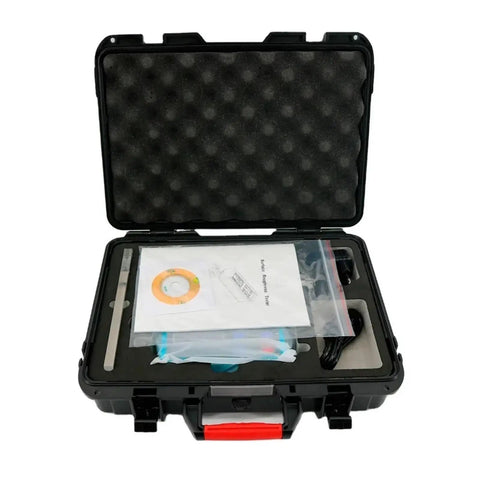 Heavy Duty Digital Surface Roughness Tester Featuring Rapid Charge Display For 14 Parameters With Dead On Readings in black carrying case.