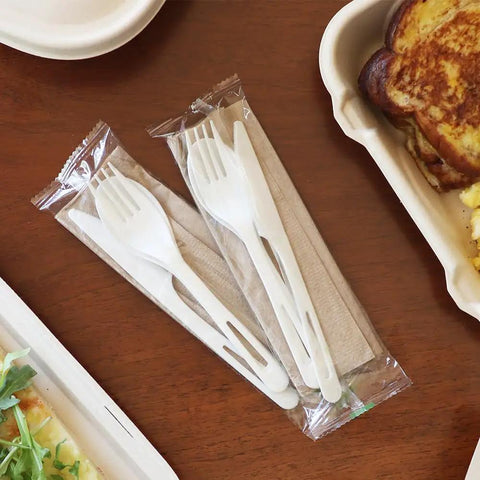Compostable TPLA Cutlery Wrap Set Assorted Utensils Pack Of 250 Eco Friendly Durable Heat Resistant Plant Based Forks Spoons Knives For Parties Catering Picnics Events And Food Service Use Grab And Go Ready, wrapped forks and spoons