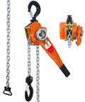 Front and side view of orange 1-1/2 ton lever chain hoist with steel chain and hooks
