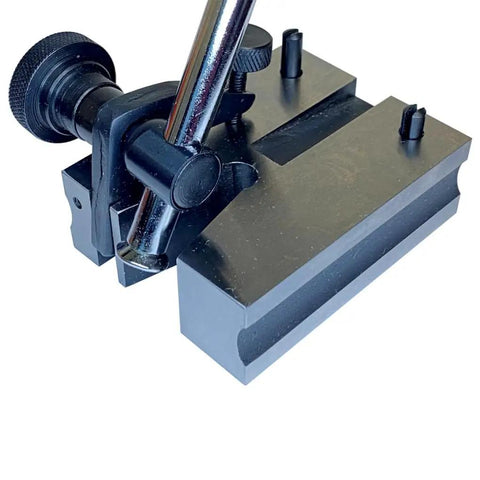 Workhorse Steel Surface Gauge With Fine Adjustment And Retractable Pins 9 And 12 Inch Post Lengths Bottom V Groove For Cylindrical Work with steel base