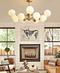Modern Sputnik Chandelier Pendant Light With Darn Polished Copper Arms And Soft White Glass Shades Sweet Height Adjustable Design E27 Base Standard Bulbs Top Shelf Illumination For Home in cozy living room.