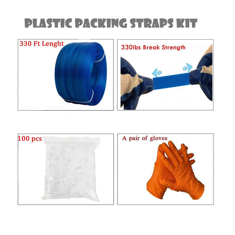 Tough As Nails Manual Banding Strapping Kit includes 330 ft blue polypropylene tape, 100 plastic buckles, and gloves.