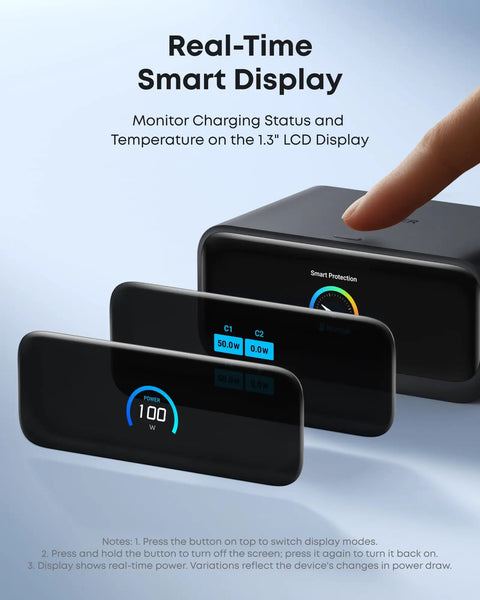 Close-up of 7 In 1 Desk Charging Station With 100W USB C Power Hub showing real-time smart display and finger interaction.