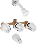 Saloon Style 3 Handle Tub And Shower Faucet In Polished Chrome Finish 5 Inch Spout EF110 Transitional Brass Fixture With 1.8 GPM Showerhead Title 20 California Compliant Easy Install Built To Last.