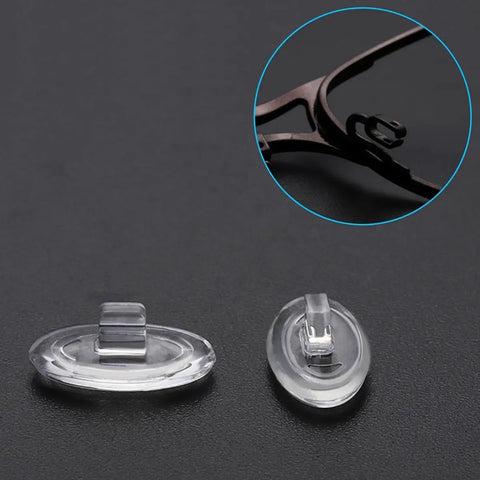 Slide Right In Nose Pads 5 Pairs Ultra Smooth Silicone Glasses Replacement Anti Slip Oval Eyewear Cushions on black background.