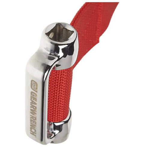 Chrome plated drive of Heavy Duty Oil Filter Strap Wrench With Three Eighths And One Half Inch Drive Nylon Strap Forged Steel Handle