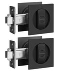 Two Matte Black Pocket Door Lock Set, No Key Needed Privacy Latch For Bedroom And Bathroom, Heavy Duty Sliding Door Hardware shown side view