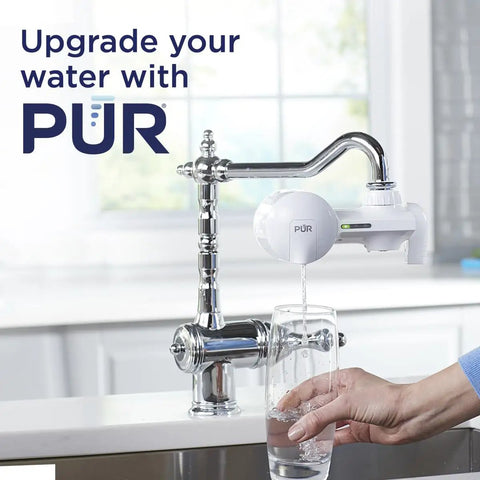 Faucet Mount Water Filtration System For Cleaner Tap Water Lasts 100 Gallons Easy Tool Free Installation Fits Standard Kitchen Or Bathroom Faucets White, attached to silver faucet.
