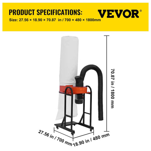 Front view of Pro Grade Portable Dust Collector With 716 CFM Vortex Cyclone System, showing 1.5 HP Motor and 47 Gallon Bag.