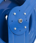 Close-up view of Retractable Welding Hose Reel With One Quarter Inch By One Hundred Feet Twin Oxygen Acetylene Hoses, 200 PSI, blue steel frame.
