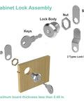 Exploded view of Six Pack Cabinet Locks With Keys assembly, showing lock body, nut, screw, keys, and lock plates for mailboxes and drawers.
