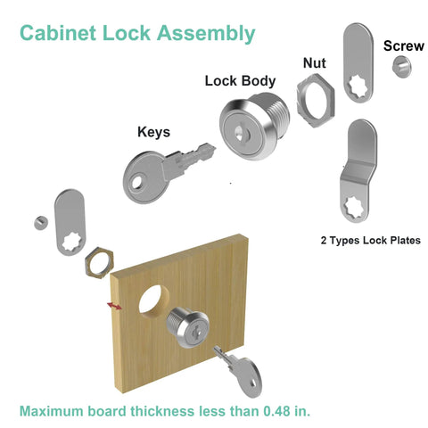 Exploded view of Six Pack Cabinet Locks With Keys assembly, showing lock body, nut, screw, keys, and lock plates for mailboxes and drawers.