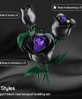 15 Black Rose Bouquet Building Set For Gothic Home Decor, DIY Dark Flower Kit With Purple Jewel Centers, No Vase Included, Create Mysterious Elegant Arrangements For A Bold Edgy Interior. 3 black rose styles shown