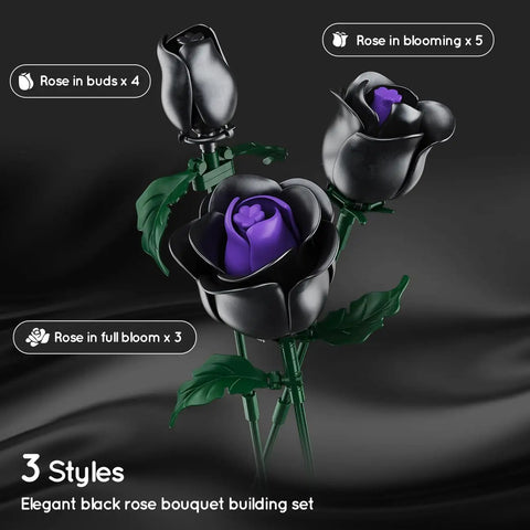 15 Black Rose Bouquet Building Set For Gothic Home Decor, DIY Dark Flower Kit With Purple Jewel Centers, No Vase Included, Create Mysterious Elegant Arrangements For A Bold Edgy Interior. 3 black rose styles shown