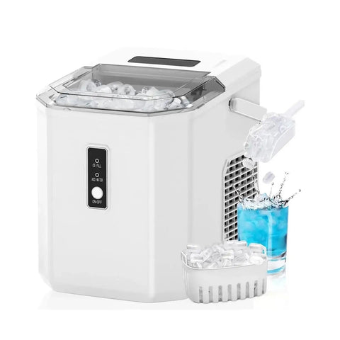 Portable Ice Maker Cranking Out Twenty Six Pounds Daily Produces Nine Bullet Cubes In Six Flat Minutes, slim design with ice basket.