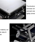Close-up of Built Tough Electric Scissor Lift Table With Smooth Remote Height Adjustment showing stable stainless steel structure.