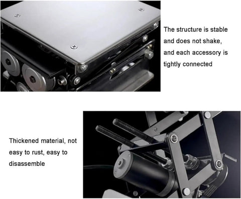 Close-up of Built Tough Electric Scissor Lift Table With Smooth Remote Height Adjustment showing stable stainless steel structure.