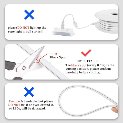 Image instructs on installing the RGB Neon Rope Light 50 Feet LED Strip For Indoor Outdoor Use Linkable Up To 150 Feet 120V IP67.